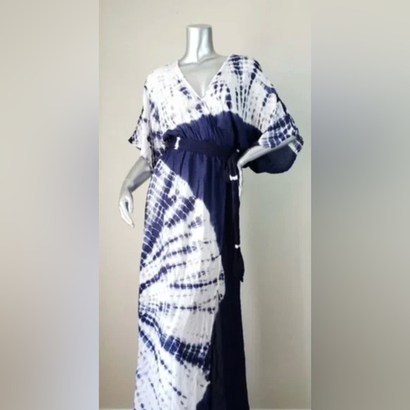 Japna Tie Dye Maxi Dress Womens Short Sleeve V Neck Summer Long with Belt Sz XS - Picture 1 of 10